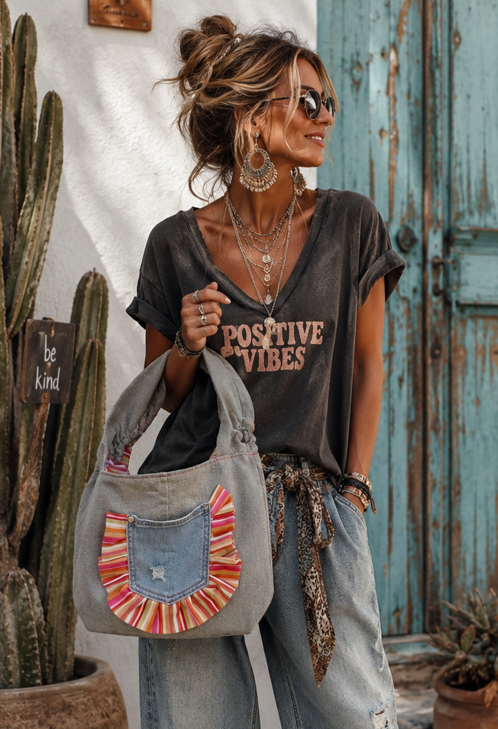 Upcycled jeans bag met geschulpte details